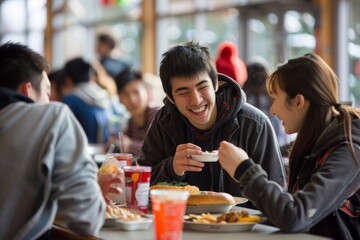 A group of students gathers around a table in a university cafeteria, enjoying a casual lunch break together, A group of students grabbing a quick bite to eat between classes