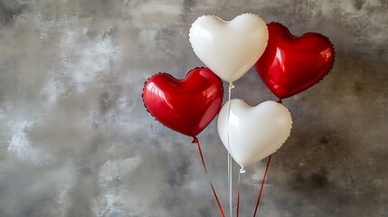 Canvas Print - Four heart-shaped balloons, two red and two white, against a textured grey background.