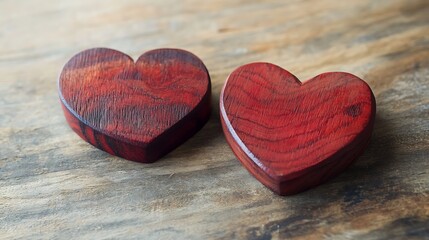 Canvas Print - Two red wooden hearts on rustic wood.