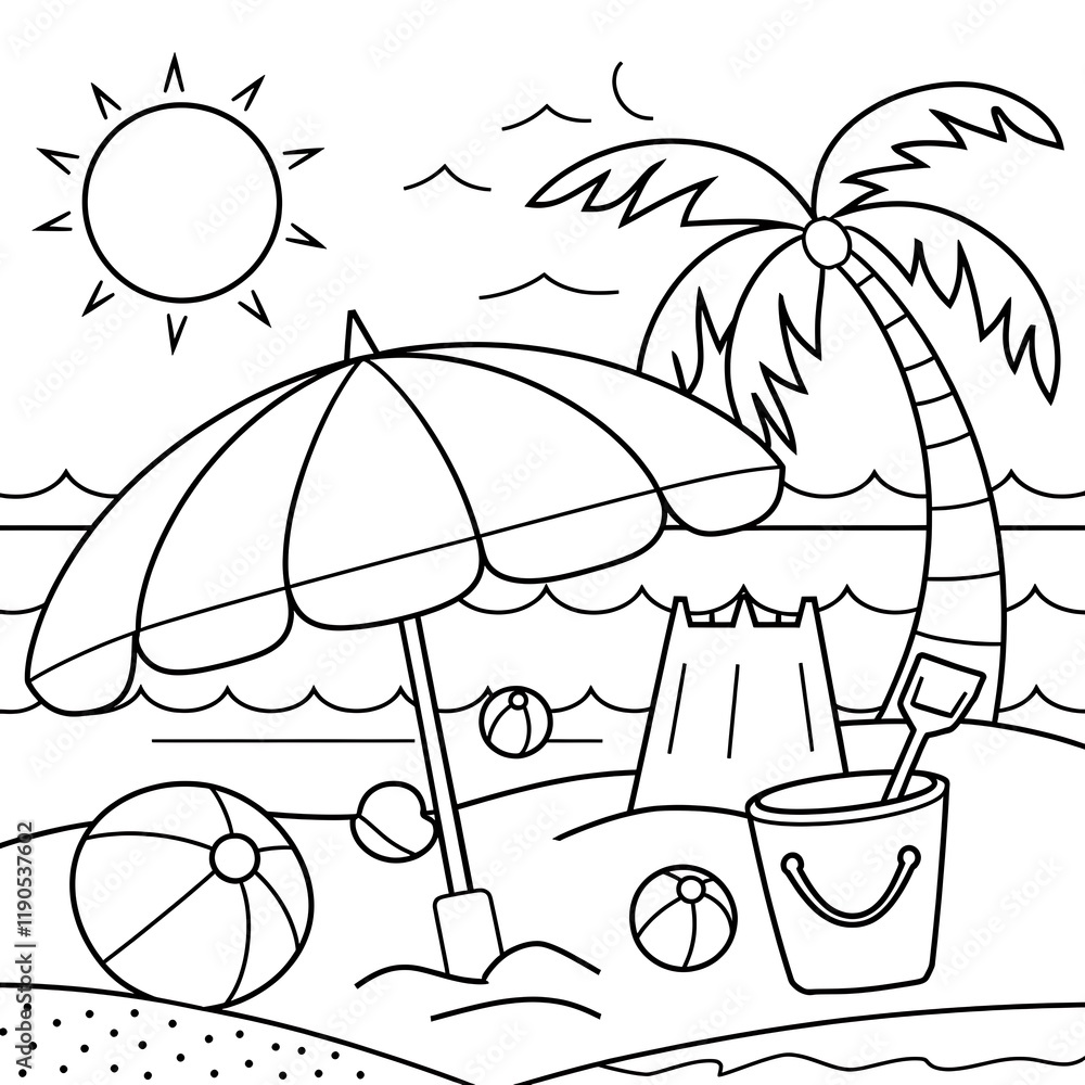 A4 size beach coloring page, A black-and-white coloring pages ...