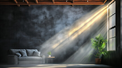 Fototapete - Minimalistic loft-style room with a black wall background, natural sunlight shining through the window, and an empty sofa. Decorated with wooden beams, potted plants, and volumetric lighting creating 