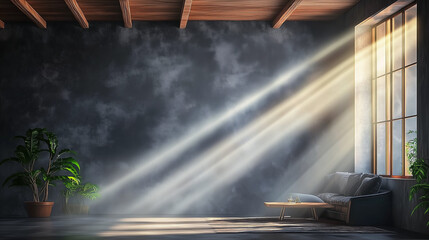 Fototapete - Minimalistic loft-style room with a black wall background, natural sunlight shining through the window, and an empty sofa. Decorated with wooden beams, potted plants, and volumetric lighting creating 