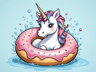 Wall Mural - Adorable Unicorn in a Donut Pool Float