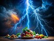© prapatsorn - Electric Blue Lightning Bolt Striking Dark Food Photography Background - 3D Render