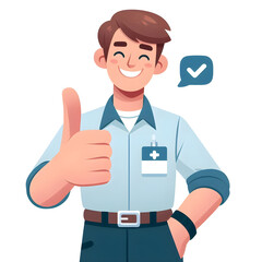 Cheerful doctor gesturing thumbs up with a check mark in a speech bubble, expressing approval and satisfaction on a white background