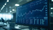 © CreativeIMGIdeas - Market Trends on Display: A large monitor displays a dynamic stock market graph, showing fluctuating lines and data points.  The scene is set in a modern, dimly lit office.