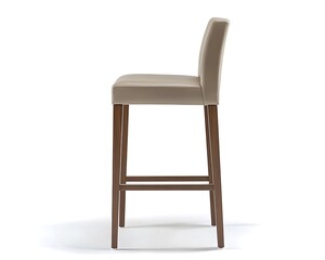 Modern bar stool featuring a sleek leather seat, isolated on a minimal white backdrop, detailed