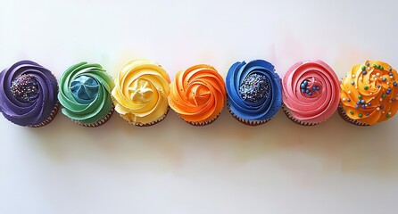 Wall Mural - Colorful Cupcakes with Swirls of Icing in a Rainbow Arrangement Perfect for Celebrations and Parties, Ideal for Dessert Lovers and Event Planners