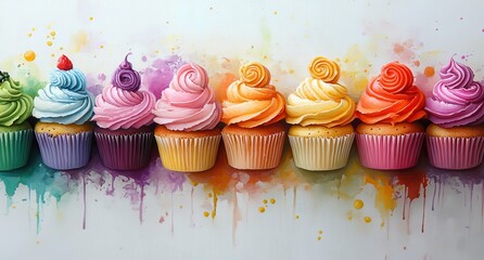 Wall Mural - Colorful Cupcakes with Whipped Frosting and Vibrant Colors, Displayed on a Whimsical Background with Dripping Paint Effects for a Fun Atmosphere