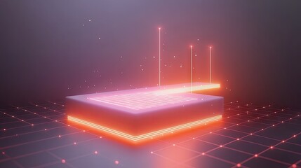 Futuristic data processing, glowing platform, digital grid background, tech concept