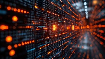 Blue matrix code signifies internet connectivity, big data, and artificial intelligence, highlighting cloud storage, quantum computing, and programming