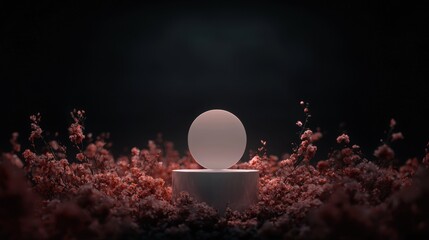 Poster - A white sphere is sitting on a pedestal in a field of red flowers