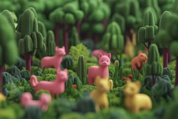 Wall Mural - A parade of cute, stylized 3D animals in a bright, colorful forest