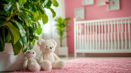 Wall Mural - Cozy nursery with plush toys and soft decor featuring a pink theme and a bright crib for a welcoming atmosphere