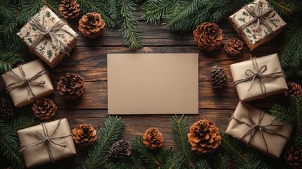 christmas frame with fir branches and cones