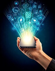 Wall Mural - a hand holds a smartphone, displaying glowing communication icons floating upwards