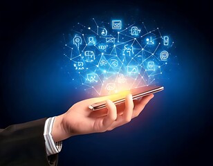 Wall Mural - a hand holds a smartphone, displaying glowing communication icons floating upwards
