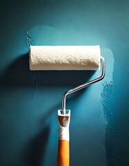 A white paint roller is applying new coats of paint on a blue wall.