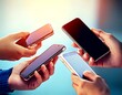 © MRSUTIN - Multiple hands hold various smartphones, together, representing modern mobile connectivity usage.