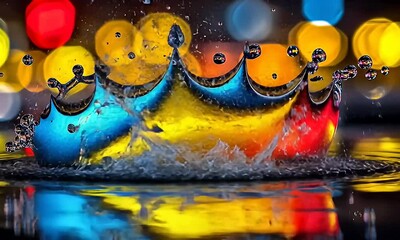 Wall Mural - A vibrant splash of water captures colorful reflections, showcasing the beauty of motion and light in a dynamic composition.