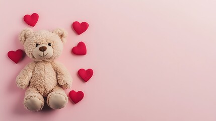 Canvas Print - Cute teddy bear with red hearts on pink background. (1)