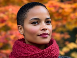 Wall Mural - Autumn Portrait  Confident Woman in Red Scarf