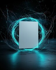 Wall Mural - a blank canvas surrounded by glowing blue energy in a dark environment, symbolizing creativity and p