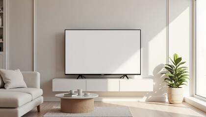  Modern living room with empty TV screen and light-colored decor