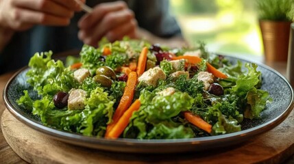 A vibrant and healthy salad with fresh greens, carrots, and olives, a delicious and nutritious meal option.