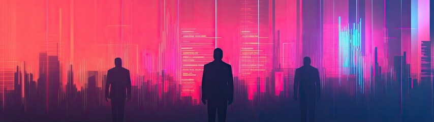 Wall Mural - a surreal urban landscape features silhouettes of figures against a vibrant, colorful city skyline, 