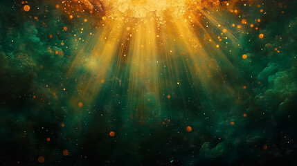 Wall Mural - mystical background with golden rays of light descending from thick green clouds surrounded by shimm