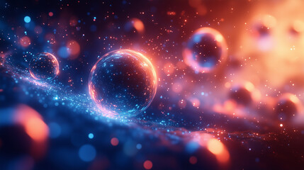 Wall Mural - cosmic spheres in glowing blue and orange light, surrounded by misty space and stardust.