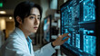 © Avelino - Scientist observing complex data on a digital screen in a modern and detailed technological laboratory. Generated with AI.