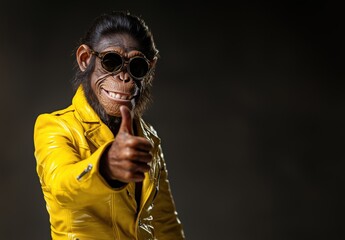 Wall Mural - chimpanzee wearing a bright yellow leather jacket and stylish sunglasses, showing a thumbs-up gestur