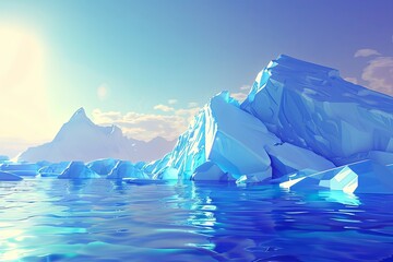 Wall Mural - Icebergs floating on calm water with mountain background. Digital illustration with blue tones and sunlight reflections. Arctic landscape and climate change concept for design and print.