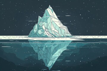 Poster - Iceberg floating in the ocean with underwater reflection. Hand-drawn digital illustration with geometric shapes on a starry night background. Nature and climate concept.