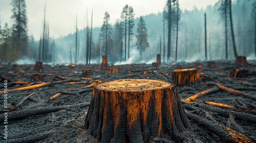 Devastated forest with burned tree stumps after wildfire. Charred ...