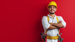 © TimosBlickfang - Confident Construction Worker in White Shirt and Yellow Hard Hat with Tool Belt Against Red Background