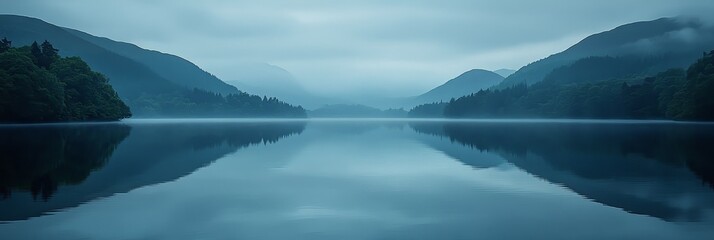 Poster - Misty Mountain Lake Reflection, Tranquil Nature Scene With Serene Waters And Atmospheric Mood