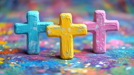 Wall Mural - Colorful crosses with sage paint adorn a Happy Easter background