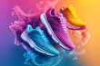 © hajiran  - A vibrant poster showcasing junior sports sneakers in various styles, perfect for retail promotions and footwear advertisements, featuring space for copy and design elements.