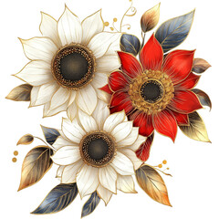 Floral arrangement artwork featuring red and white sunflowers nature scene digital design aesthetic style close-up view