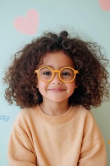 Wall Mural - A young girl with curly hair is wearing glasses and a yellow sweater. She is smiling and looking at the camera