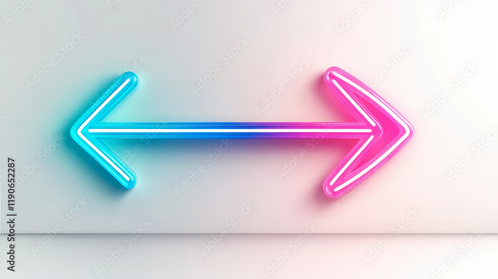 Dual glowing neon arrows pointing in opposite directions on white ...
