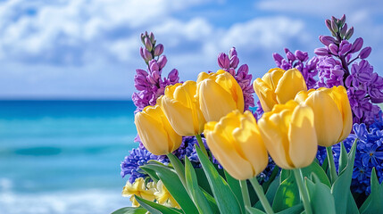 Joyful spring bouquet of yellow tulips and purple hyacinths against a serene ocean backdrop, celebrating nature's beauty