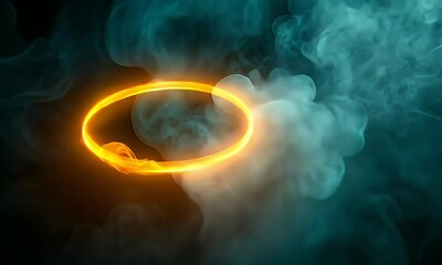 Wall Mural - A glowing orange ring of fire surrounded by swirling blue smoke creates a mystical and dramatic atmosphere.