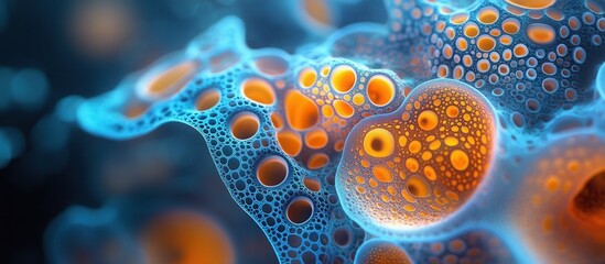Wall Mural - abstract close-up of vibrant blue and orange organic structures with bubble patterns in soft focus