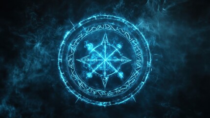 Wall Mural - glowing mystical symbols with ethereal blue energy and smoke effect