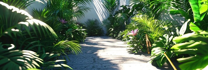 Wall Mural - Lush Tropical Pathway Surrounded by Vibrant Plants in a Sunlit Garden