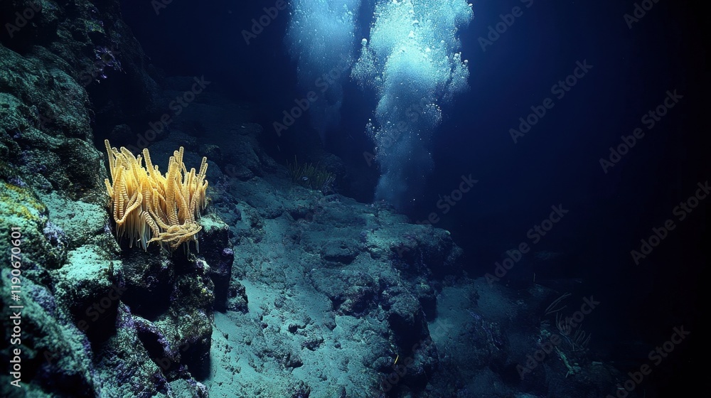 A hauntingly beautiful scene of a deep-sea floor, with craggy rocks ...